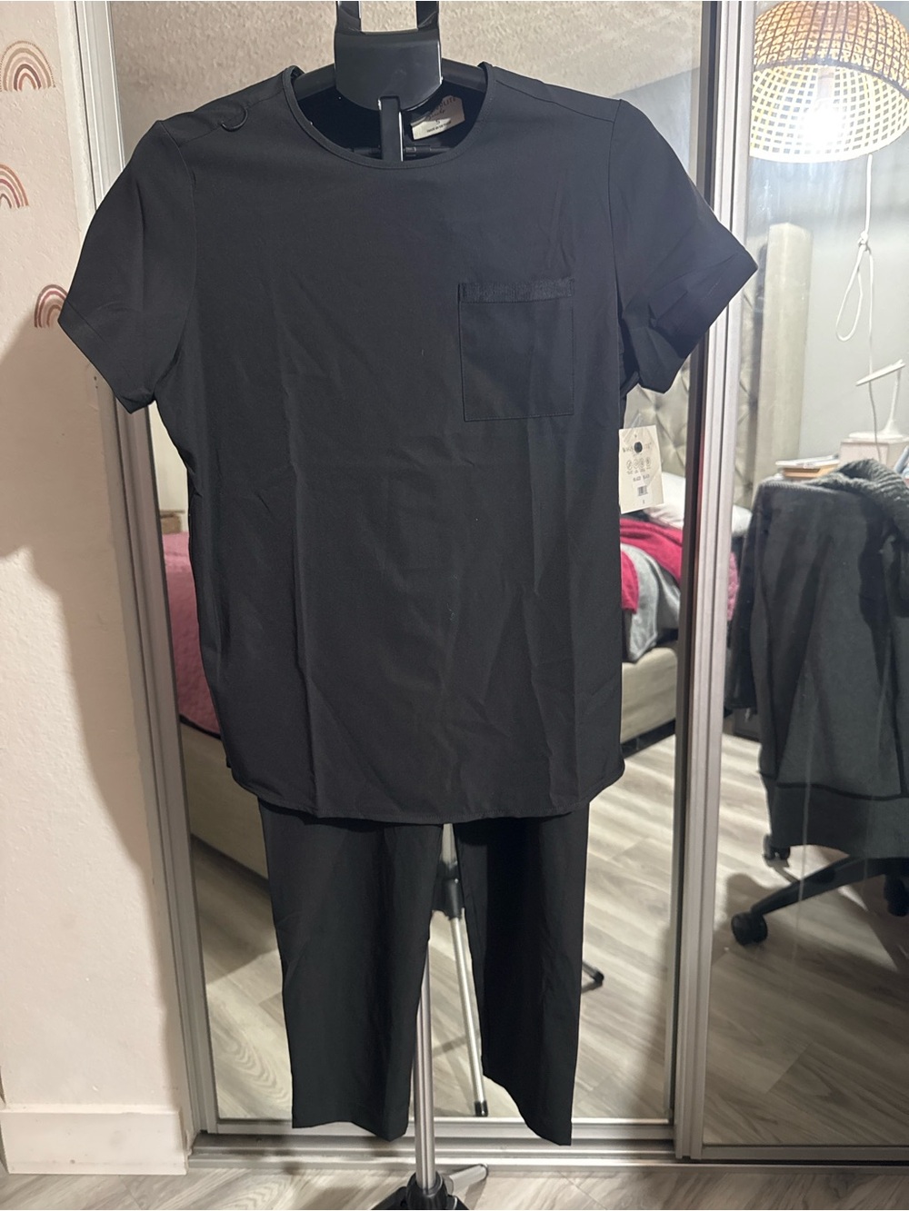 Women's Black Short-Sleeve Pantsuit with Chest Pocket